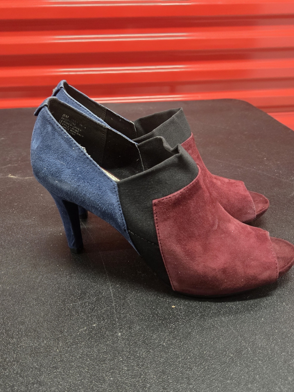 Anne Klein Two-Tone Suede Peep-Toe Heels in Burgundy and Navy Size 8